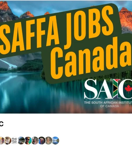 over image for the “Saffa Jobs Canada – SAIC” Facebook group. The banner features a scenic Canadian mountain lake backdrop with bold yellow text that reads “SAFFA JOBS Canada,” alongside the SAIC (South African Institute of Canada) logo.